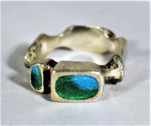 Art Moderne MCM Modernist Sterling Silver Ring Having Turquoise Stones Size 6.5