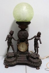 Art Nouveau / Deco Era Spelter Mantle Clock With Green Globe, Lamp Works