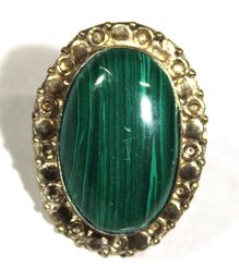 Vintage Silver Tone Large Ring Genuine Malachite Cabochon Stone Size 6