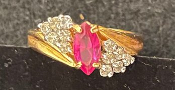 Vintage Cocktail Ring - Large Size 10.5 - Gold Filled - Offset - Rhinestones - Hot Pink Magenta Stone -