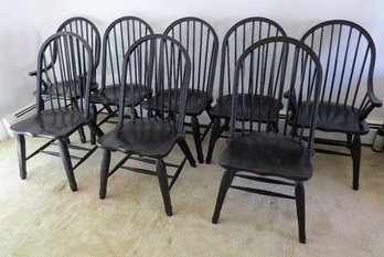8 Vintage Windsor Style Spindle Back Wooden Dining Chairs In Antique Black Finish