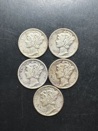 5 Mercury Dimes 1941, 1942, 1943, 1944, 1945