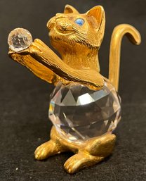 Vintage Kitty Cat Figurine - Faceted Cut Crystal - Iridescent Ball - Gold Tone - Unmarked - Blue Eyes - 2 In H
