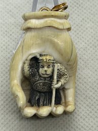 Antique Japanese Carved Netsuke Of The Monkey God SARUGAMI In Hand- Converted To Pendant With 14K GOLD Bale
