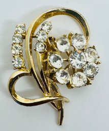 SIGNED CORO GOLD TONE RHINESTONE FLOWER BROOCH