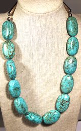 Genuine Turquoise Stone Beaded Necklace 18' Long W Silver