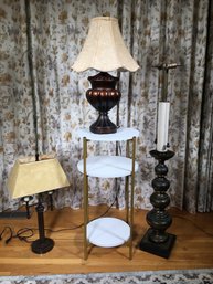 Group Of Three Lamps And One Multi Tier Stand - GREAT Lot - Stand Has Fabric Basket Thats Not Pictured !