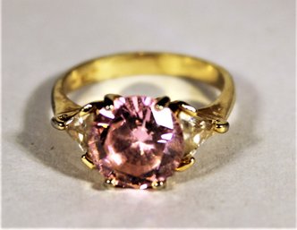 Gold Plated Ring Having Large Fancy Pink Stone Size 8