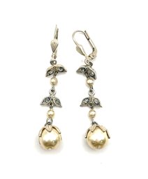 Vintage Sterling Silver Marcasite And Beige Pearl Color Dangle Earrings