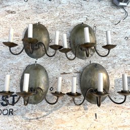 A Set Of 4 Vintage Brass Shield Triple Light Sconces - Colonial Style