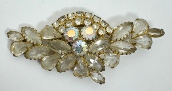 VINTAGE GOLD TONE AURORA RHINESTONE AND CLEAR STONE FLORAL BROOCH