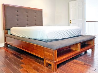 A Queen Storage Bedstead In Mahogany And Upholstered Linen With Optional Laura Ashley Mattress