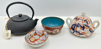 New With Tags Japanese Iron Kettle, Vintage Sugar Bowl & 2 Small Bowls