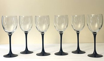 Six Vintage 8' Wine Glasses With Black Stems-Luminarc France