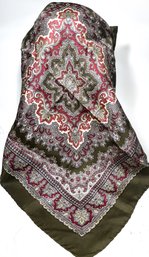 Very Fine Vintage Silk Scarf Olive Green And Burgundy Paisley