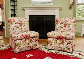 Pair Of Vibrant Red And Green Upholstered Floral Blossom Rolled Back Skirted Slipper Chairs