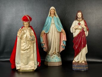 Three Vintage Chalkware Religious Statuettes: Virgin Mary, Jesus & Infant Jesus Of Prague