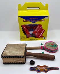 New In Box Vintage Kid's Accordion, Spin Drums & Tin Lizard Noise Maker