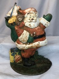 Vintage Cast Iron Santa Claus Door Stop - Great Rusty Paint - Santa Claus With Bag Of Gifts - Nice Piece !