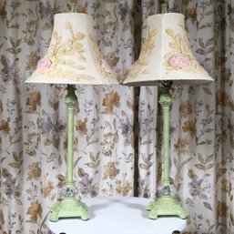 Adorable Pair Of Shabby Chic Boudoir Lamps With Nicely Embroidered Lamp Shades - Pale Green With Crystal