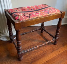 Vintage Wooden Stool Embroidered Textile Seat