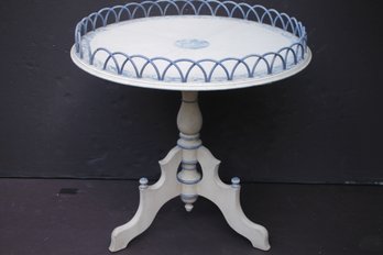 VINTAGE WHITE & BLUE TABLE WITH SEMI CIRCULAR WOODEN SURROUD