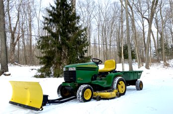 John Deere GT235 18HP V-Twin Tractor Mower With Plow, Wheel Weights And Utility Cart