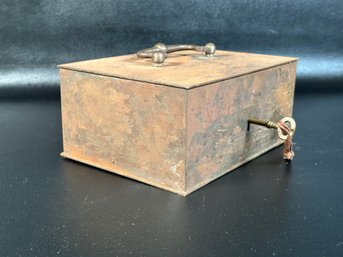 A Fantastic Vintage Storage Box In Metal With Hinged Lid, Key & A Naturally-Aged Patina