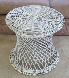 Pinch Waisted Round White Wicker Side Table Plant Stand