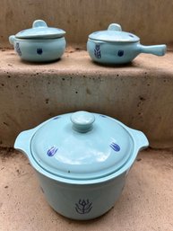 Blue Tulip Covered Bowl And 2 Crocks