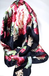 Fine Designer Silk Scarf Pink Floral Over Black Ground By ECHO