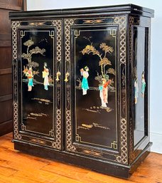 A Magnificent Vintage Hand Painted Chinese Lacquered Bar Cabinet