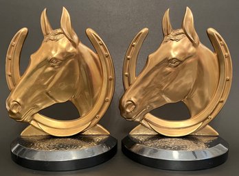 Vintage Pair Set Bookends - Lucky Horseshoe Horse Head - JB Jennings Brothers 1714 - Metal