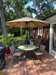 Pier One Mosaic Tile Table With Four Folding Chairs & Umbrella