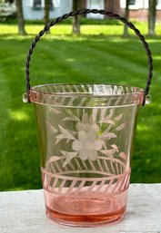 1930's Pink Depression Glass Etched Ice Bucket Removable Braided Rope Metal Handle 6.5' Height Without Handle