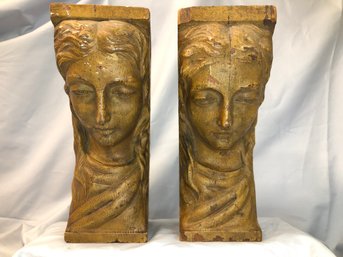 Two Gorgeous Carved Faces / Heads Salvaged From Antique Cupboard In Normandy In The 1970s Very Well Done