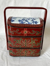 Vintage/ Antique Chinese Lacquered 3-tier Wedding Box With Porcelain Top