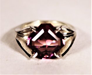 Vintage Sterling Silver Amethyst Ring Having Geometric Design Size 5