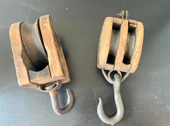 Two Antique Wood & Iron Pulleys