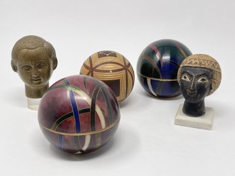 Pair Of Enameled Trinket Boxes, Carved Wood Ball With Hidden Compartment, Numbered Brass Bust And More