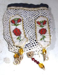 Antique Glass Beaded Purse In White W Flower Panels