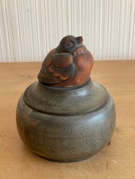 Wooden Bowl W/ Lid And Bird Figure Atop