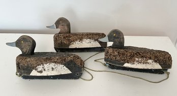 3 Vintage Duck Decoy - Cork Body And Wood Head & Base ~