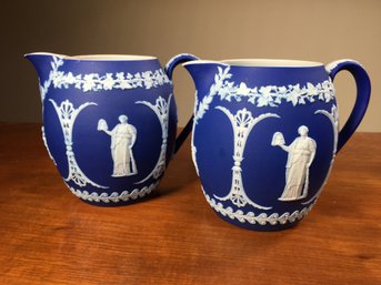 Pair Of Fantastic Antique WEDGWOOD Milk Jugs In Cobalt Blue Jasperware - Very Pretty Pair - Do Not Miss !