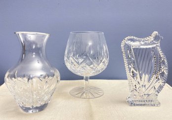 Lot Of Three Waterford- Lismore Brandy Glass And Slightly Imperfect Harp Paperweight & Giselle Vase