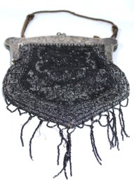 Victorian Black Glass Beaded Purse Having German Silver Fancy Frame