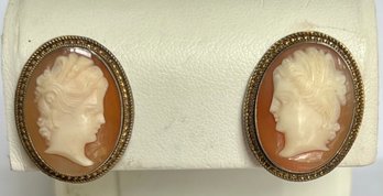 LARGER SIZED VINTAGE GOLD OVER SILVER CARVED CAMEO SCREW BACK EARRINGS