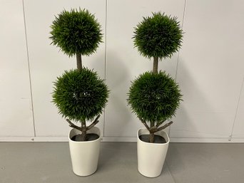 Pair Of Faux Boxwood Potted Double Sphere Topiary Plants