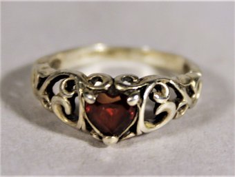 Fancy Sterling Silver Openwork Ring Having Genuine Garnet Heart Stone Size 5