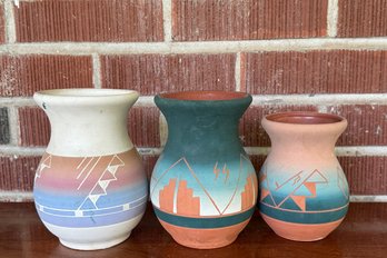 Trio Of Signed Native American Sioux Pottery Vases From Arizona